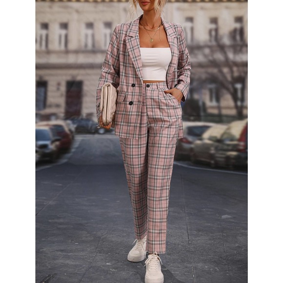 2 piece set pantsuit Plaid Double Breasted Blazer & dress Pants gray - Picture 8 of 8